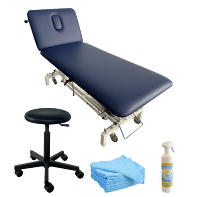 Bundel van behandeltafel, tabouret, cleaner en microvezel doeken